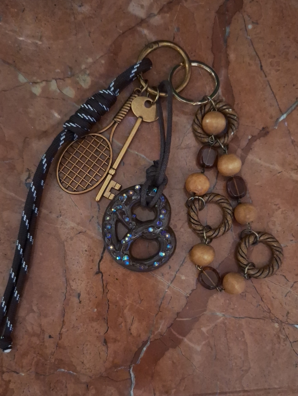Tennis Racket & Key Bag Charm Keychain with Wooden And Glass Bead Strand